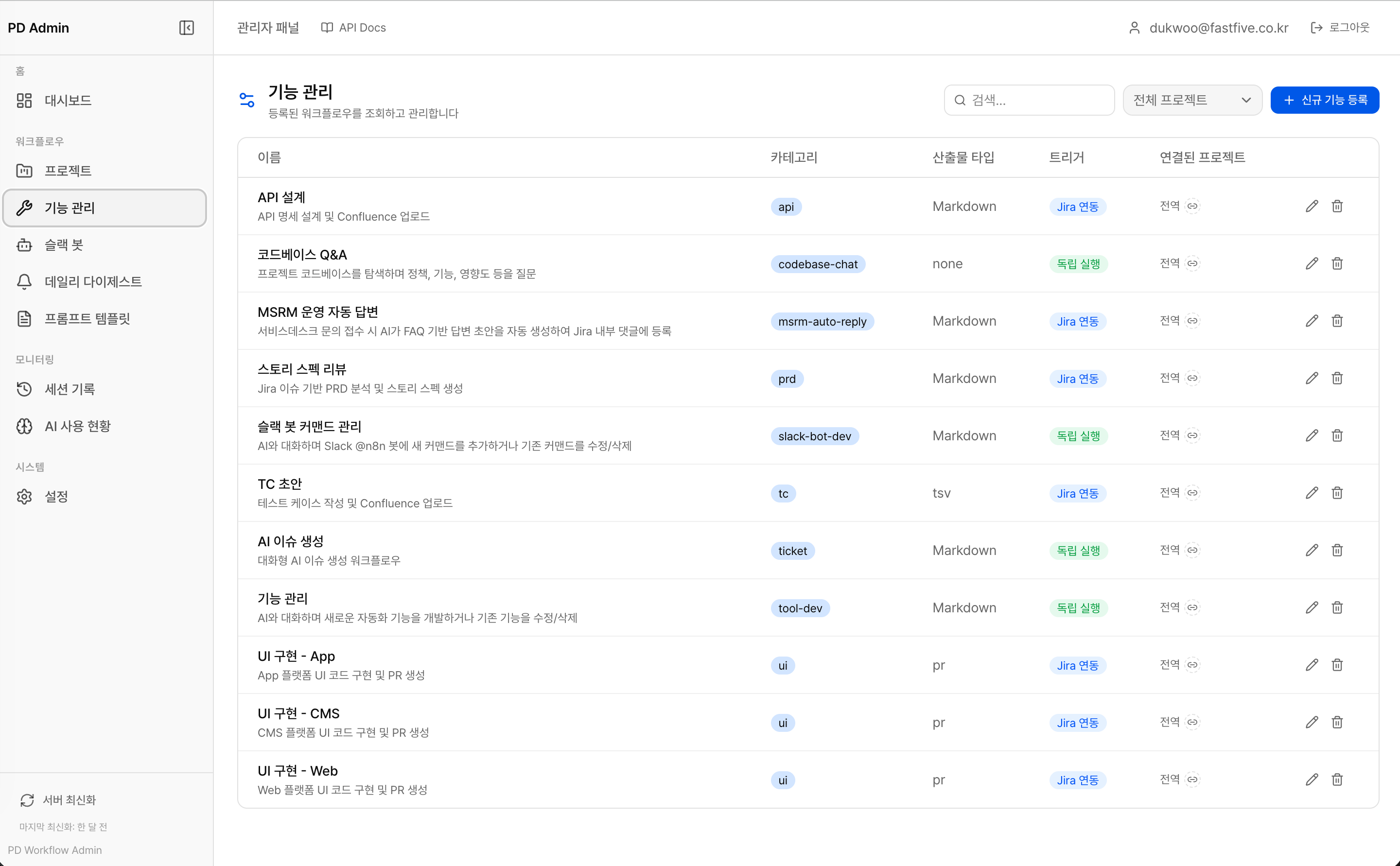 AI 워크플로우 플랫폼 기능 관리 화면